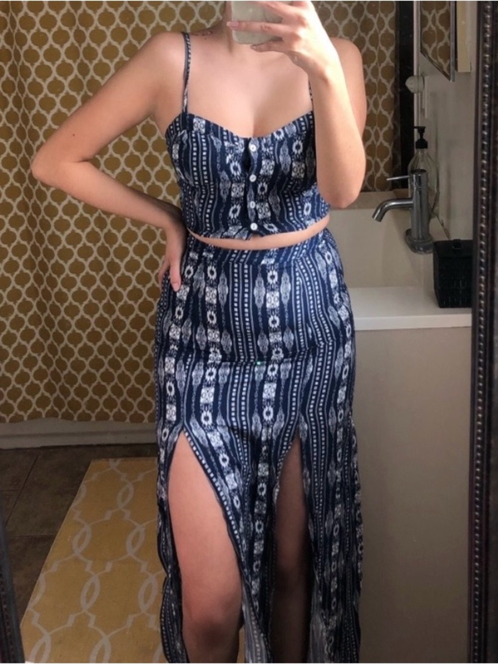 Navy Blue Printed Crop Top + High-Slit Maxi Skirt Set